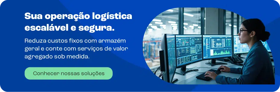 Banner promovendo soluções de armazenagem com uma operação logística escalável e segura, ideal para reduzir custos e oferecer serviços de valor agregado.