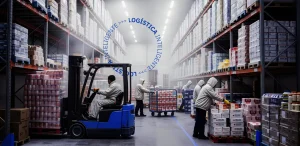 Exemplo de logística de alimentos e bebidas com corredores de estantes, empilhadeira azul operando entre caixas e funcionários organizando mercadorias e paletes no estoque, com iluminação industrial no teto.